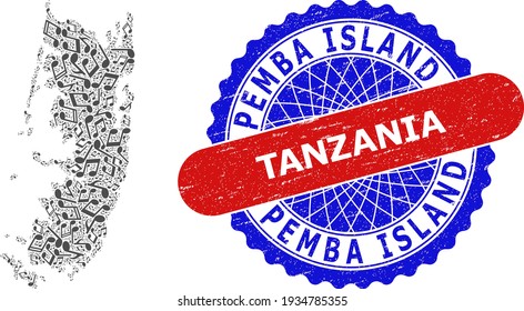Music Notes Pattern for Pemba Island Map and Bicolor Grunge Rubber Stamp