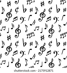 Music notes pattern. Seamless song notation sheet symbols, abstract musically note vector illustration. Chaotic symbols for melody composition, playing instruments for cover, fabric