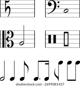 Music notes pattern, music symbols, notes, clefs and sharps. Various musical symbols including whole, half, quarter, eighth, and sixteenth notes and rests for print, wallpaper, wrapping, educational. 