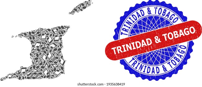 Patrón de notas musicales para el mapa de Trinidad y Tobago y sello de sello distintivo de color
