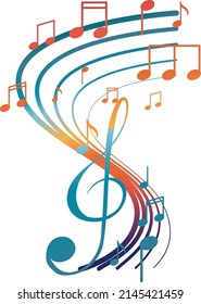 Musik-Noten mit Regenbogen, bunt auf weißem Hintergrund, Vektorgrafik