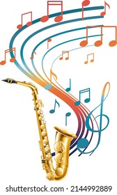 Music notes rainbow colourful with saxophone on white background illustration