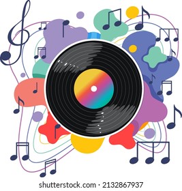 Music notes rainbow colourful with vinyl record on white background illustration
