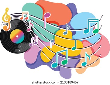 Musik-Noten mit farbigem Regenbogen und Schallplatten auf weißem Hintergrund