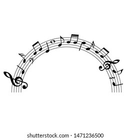 Music notes rainbow, half of circle with music notes, vector illustration.