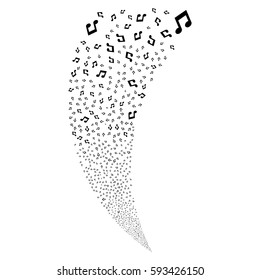 Music Notes random fireworks stream. Vector illustration style is flat black iconic symbols on a white background. Object fountain made from scattered pictographs.