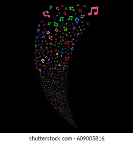 Music Notes random fireworks stream. Vector illustration style is flat bright multicolored iconic symbols on a black background. Object fountain created from scattered pictographs.