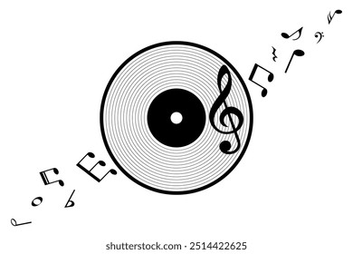 Music notes with record vinyl disc, isolated musical vector illustration.