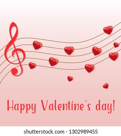 Music notes of red hearts on a pink background. Greeting card for Saint Valentine's day. Vector illustration.