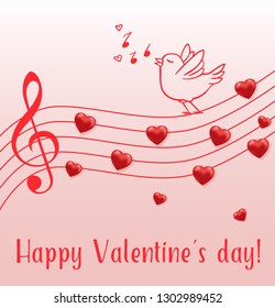 Music notes of red hearts and singing bird on a pink background. Greeting card for Saint Valentine's day. Vector illustration.