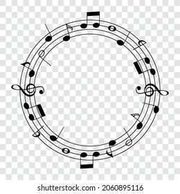 Music notes round shape, musical circle frame, isolated vector illustration.