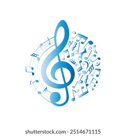 Notas musicales, elemento musical de forma redonda, gradiente azul, Ilustración vectorial.