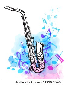 Music notes and saxophone with pink and blue watercolor texture. Abstract vector musical background