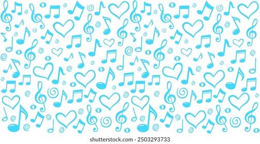 Music notes seamless pattern backdrop, Music note background, Seamless pattern texture design. Monochrome blue and white music note pattern.  Horizontal posters, greeting cards, header, website. 