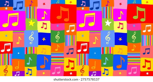 Music notes seamless pattern backdrop. Good for textile fabric design, wrapping paper, website wallpapers, textile, wallpaper and apparel. Seamless pattern texture design.Colofull music note pattern. Horizontal posters, greeting cards, header, website. Education vector illustration. Illustration for book 