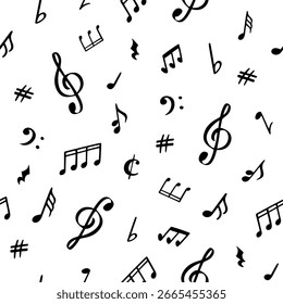 Music notes seamless pattern with scattered music symbols, notes, clefs and sharps, flats. Rhythmic, dynamic composition for print, wrapping, wallpaper, educational design. Vector texture.