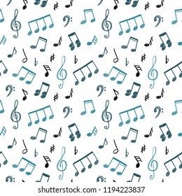 Music notes seamless vector background. Musical notation blue doodle texture.