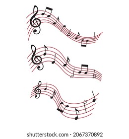 Music notes set, black musical symbols on red lines, vector illustration.