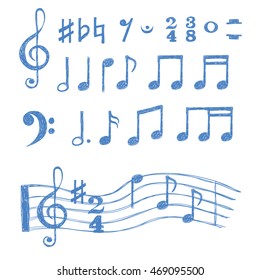 Music notes set. Collection of sketch music symbols isolated on white. Vector illustration.