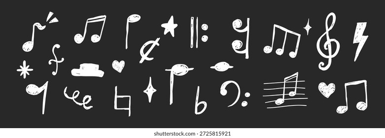 Las notas de la música fijan los Elementos del lápiz de la tiza del crayón en el fondo oscuro en estilo del bosquejo. Textura grunge de regreso a la escuela. Símbolos musicales caprichosos, elementos de diseño de signos. Borde 