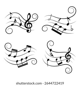 Music notes set, different musical elements, isolated vector illustration.