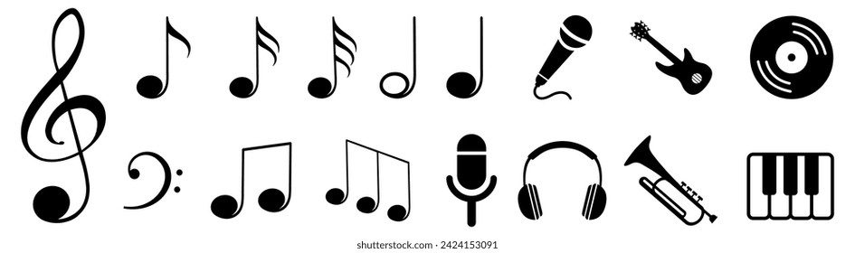 Music notes set icons, collection musical notes signs, musical clef, microphone, headphones, guitar – vector