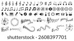 Music notes set icons, musical notes wave, clef, musical instruments and buttons