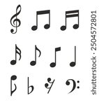 Music notes set. Music simbol. Musicnotes icons. Black treble clef, note, sharp, natural, flat, measure, bar, stave and other. Musical notes icons - stock vector. stock illustration