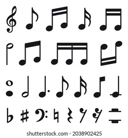 Music notes set. Music simbol. Musicnotes icons. Black treble clef, note, sharp, natural, flat, measure, bar, stave and other. Musical notes icons - stock vector.