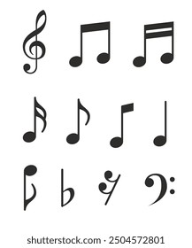 Music notes set. Music simbol. Musicnotes icons. Black treble clef, note, sharp, natural, flat, measure, bar, stave and other. Musical notes icons - stock vector. stock illustration