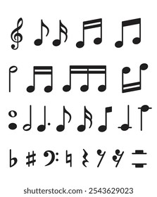 Conjunto de notas musicales. Símbolo musical. Iconos de notas musicales. Agudos negros, nota, agudo, natural, plano, medida, barra, pentagrama y otros. Iconos de notas musicales - Vector de stock. ilustración de stock