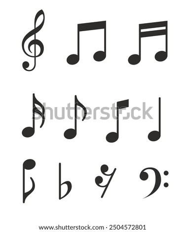 Music notes set. Music simbol. Musicnotes icons. Black treble clef, note, sharp, natural, flat, measure, bar, stave and other. Musical notes icons - stock vector. stock illustration