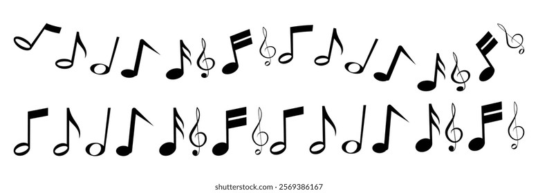 Music notes set. Music symbol. Music notes icons. Black treble clef, note, sharp, natural, flat, measure, bar, stave and other. Musical notes icons.