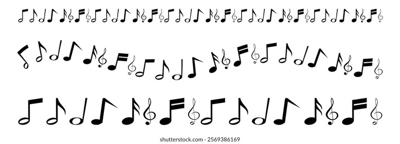 Music notes set. Music symbol. Music notes icons. Black treble clef, note, sharp, natural, flat, measure, bar, stave and other. Musical notes icons.