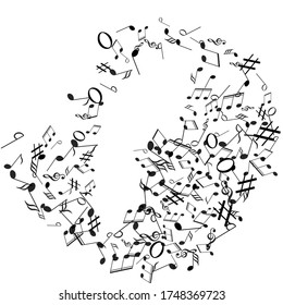 Music notes and shadow. Note value. Black notes symbols. Mensural musical notation.