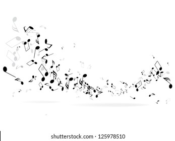 Music notes and shadow.Abstract musical background. Vector illustration.Mensural musical notation.Black notes symbols.Note value.Music staff.