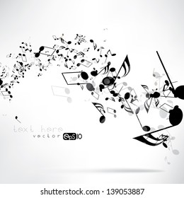 Music notes and shadow.Abstract musical background. Vector illustration.Mensural musical notation.Black notes symbols.Note value.Music staff.