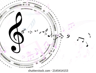 Music notes and shadow.Abstract musical background. Vector illustration.Mensural musical notation.Black notes symbols.Note value.Music staff.
