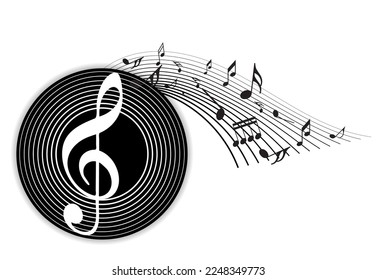 Music notes and shadow.Abstract musical background. Vector illustration.Mensural musical notation.Black notes symbols.Note value.Music staff.
