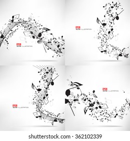 Music notes and shadow.Abstract musical background. Vector illustration.Mensural musical notation.Black notes symbols.Note value.Music staff.