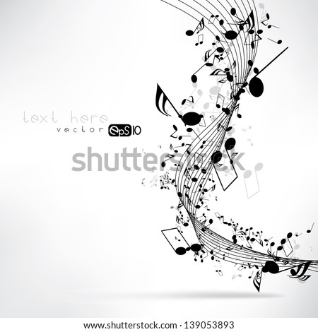 Music notes and shadow.Abstract musical background. Vector illustration.Mensural musical notation.Black notes symbols.Note value.Music staff.