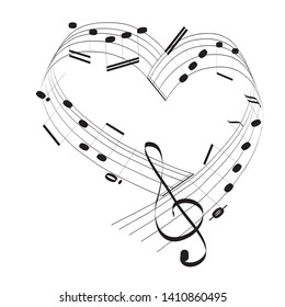 Music notes in the shape of the heart. Vector illustration of black music notes on white background. I love music