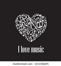 Music notes in the shape of the heart. Vector illustration of white music notes on black background. I love music