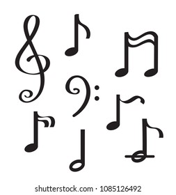 Music Notes sheet hand drawn collection.Set of music notes. Black silhouette, isolated on white background. Vector illustration
