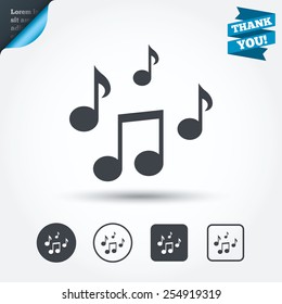 Music notes sign icon. Musical symbol. Circle and square buttons. Flat design set. Thank you ribbon. Vector