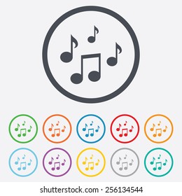 Music notes sign icon. Musical symbol. Round circle buttons with frame. Vector