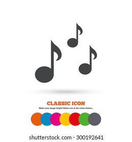 Music notes sign icon. Musical symbol. Classic flat icon. Colored circles. Vector
