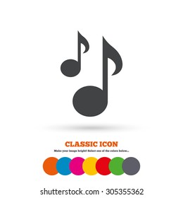 Music notes sign icon. Musical symbol. Classic flat icon. Colored circles. Vector