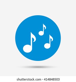 Music notes sign icon. Musical symbol. Blue circle button with icon. Vector