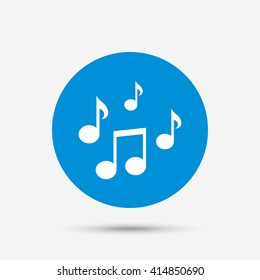 Music notes sign icon. Musical symbol. Blue circle button with icon. Vector